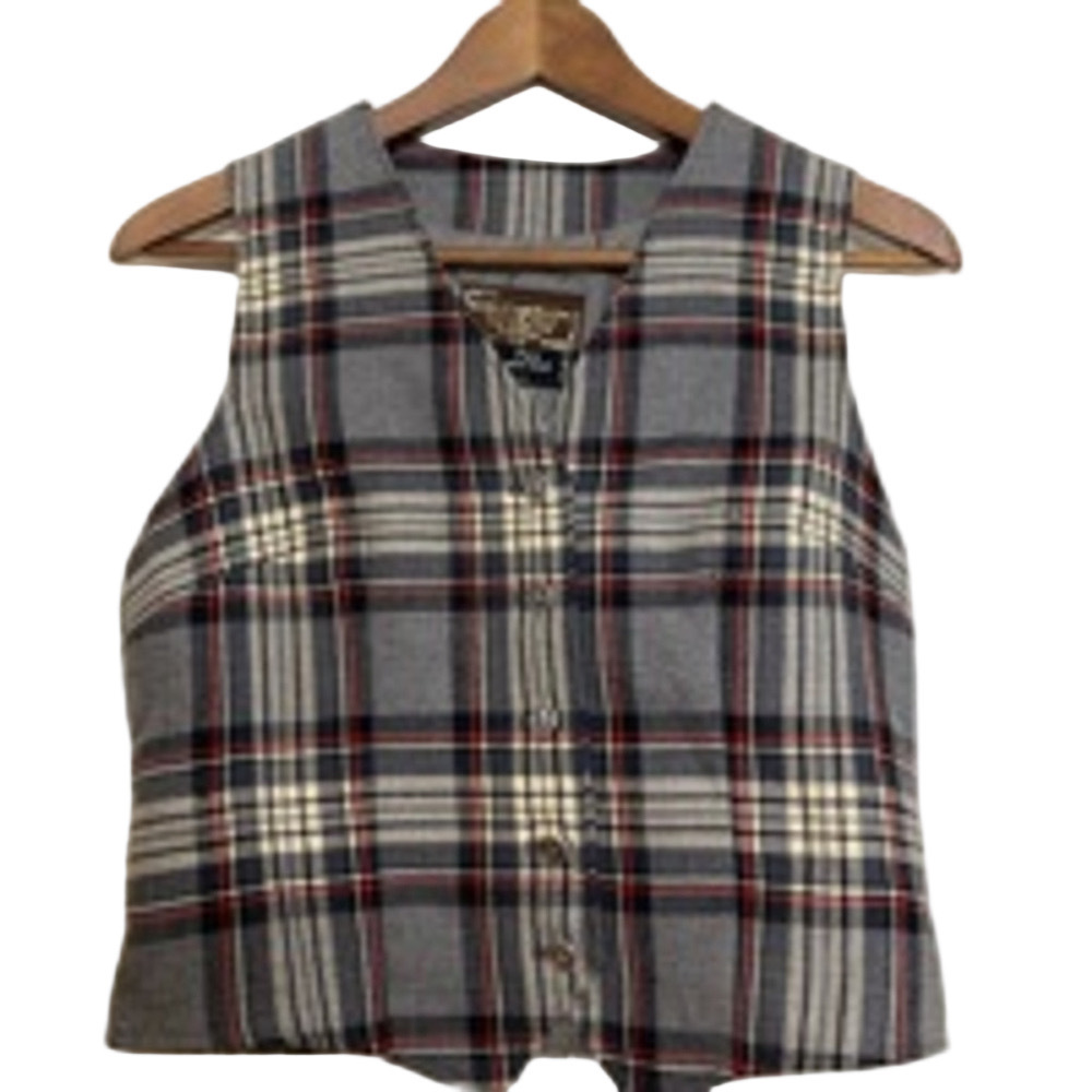 Vintage Vest Womens XS Gray Black Red Tartan Plaid Wool Scottish Waistcoat